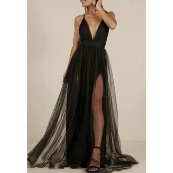 Luxxel Dresses & Skirts - Black Tulle Maxi Dress Plunge Halter Open Back Slit Prom Evening Luxxel S NWT